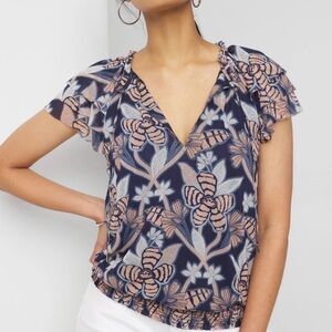 White House Black Market Floral Ruffle Sleeve Mesh Blouse